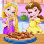 Baby Rapunzel and Belle cooking Pizza